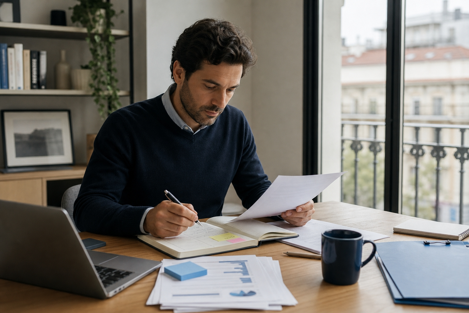 Emprendedor preparando con orden documentación y calendario para una ayuda