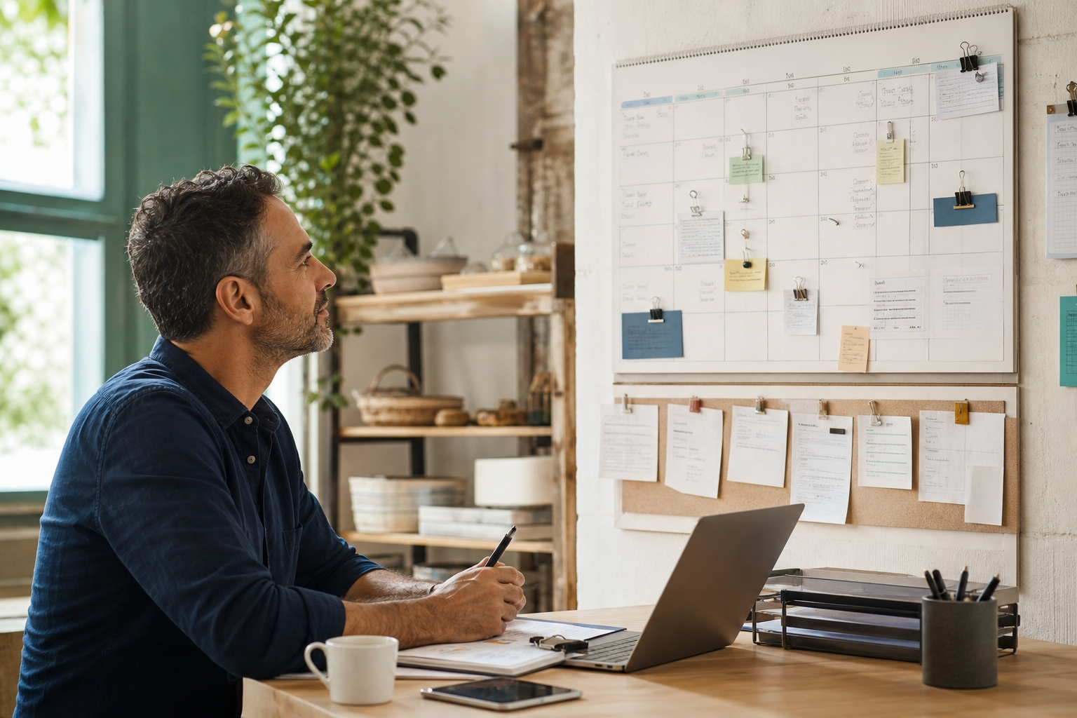 Escena editorial de calendario y planificación de obligaciones con sensación de control