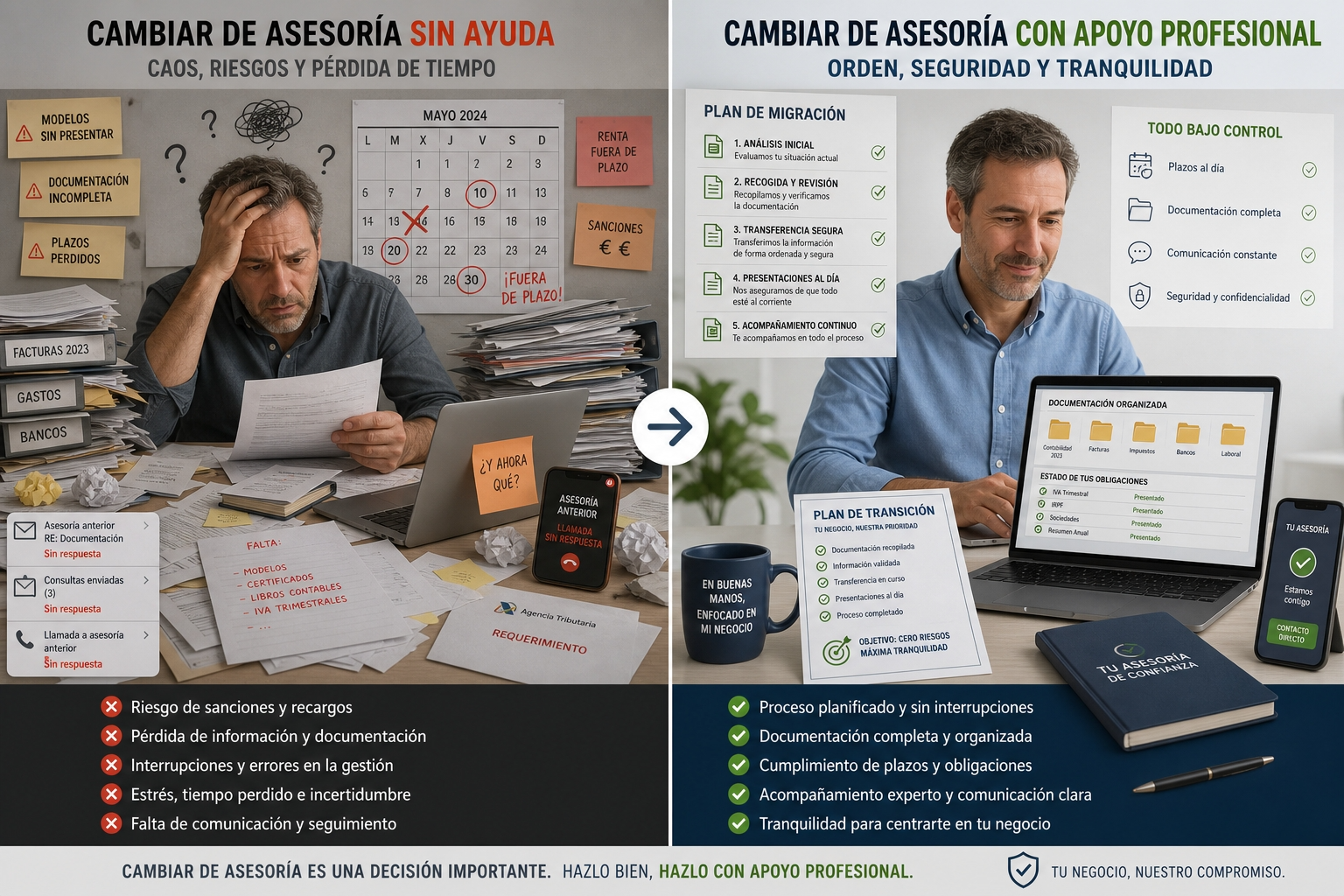 Comparativa entre una migración caótica de asesoría y un cambio profesional con orden