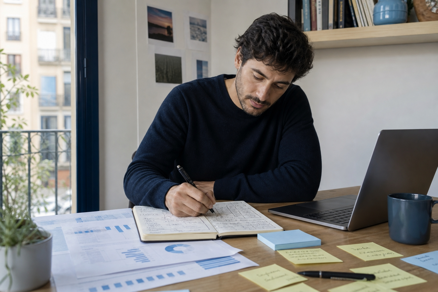 Mesa de trabajo con un plan de negocio simple en construcción