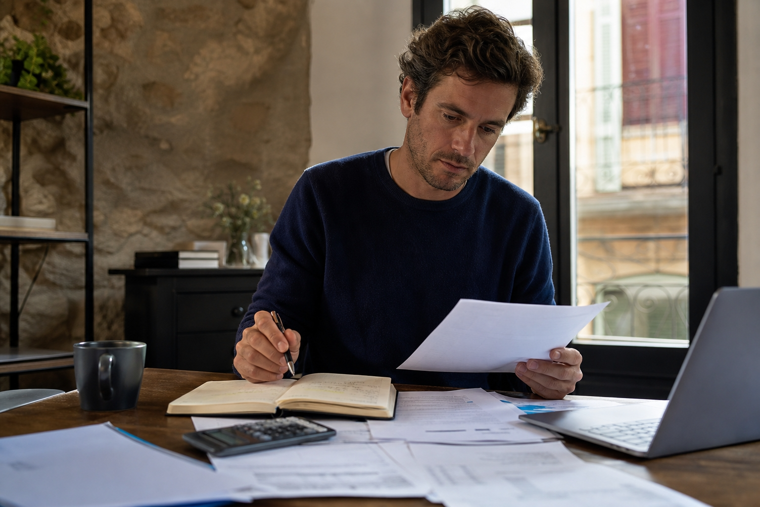 Emprendedor revisando con calma sus números iniciales de arranque